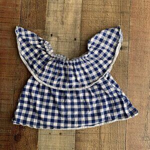 Zara Girls size 8 Blue and White Gingham Off The Shoulder Crop Top